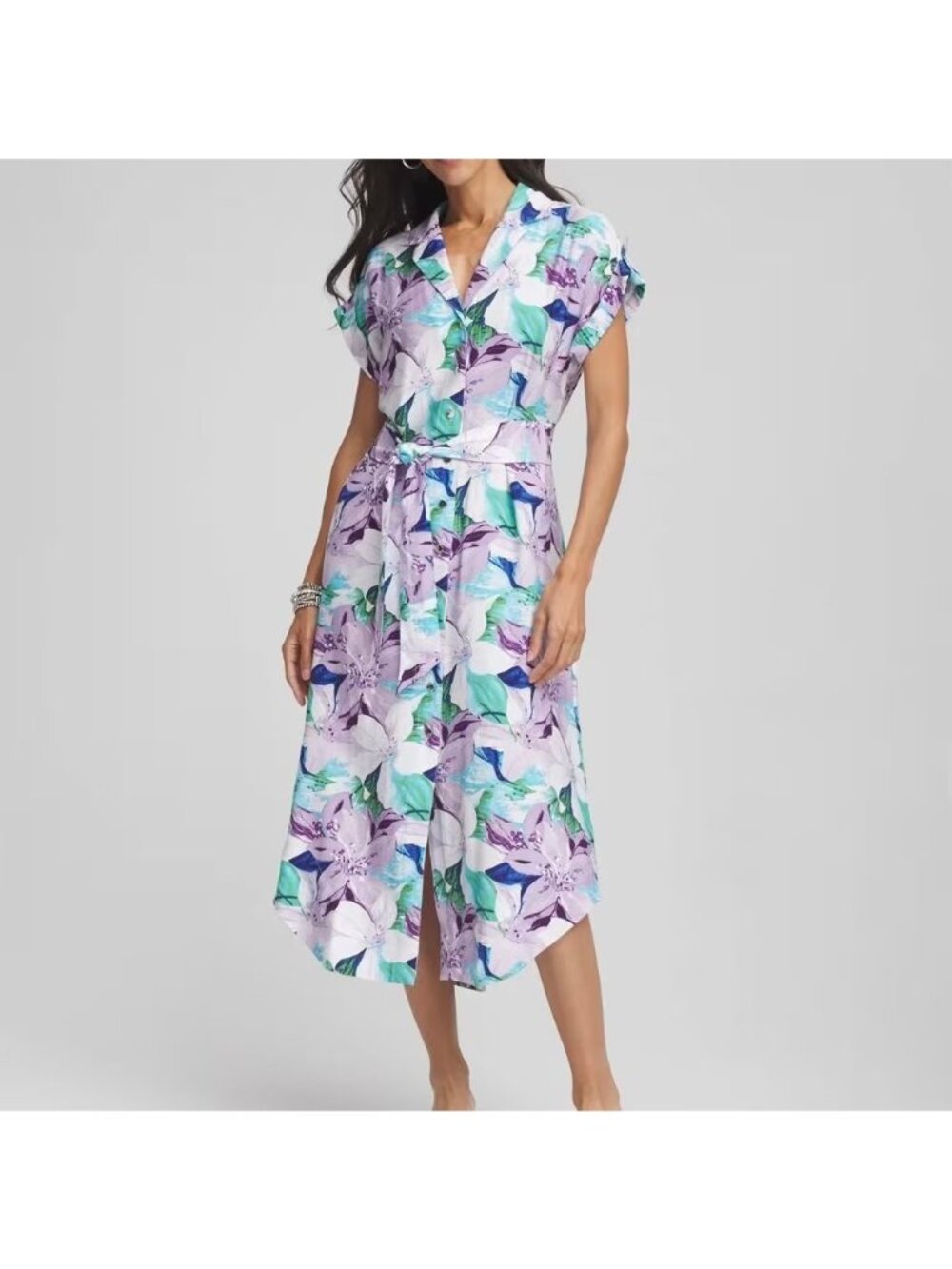 Chicos Women Midi Dress Size XL Floral Belted Shirtdress Tropical Boho Resort
